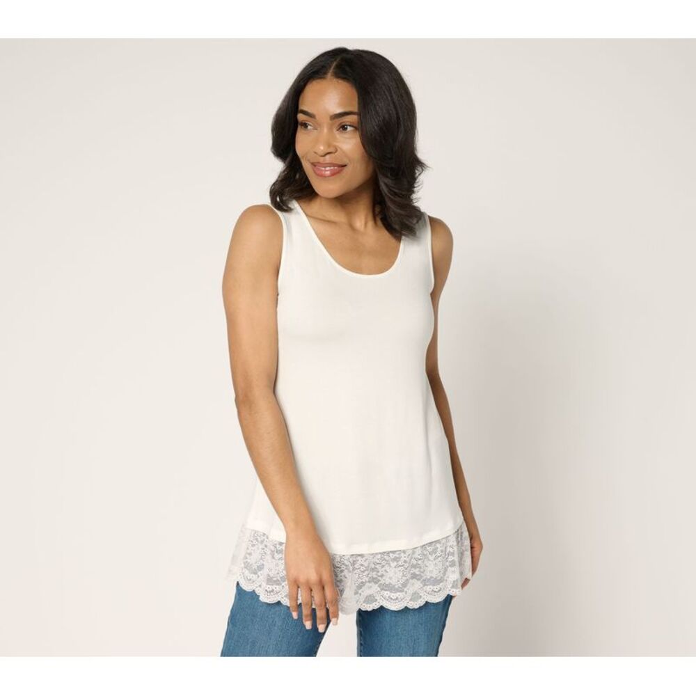 Fashion Women's Top Sz XL Knit Tank Embroidered Mesh Hem White